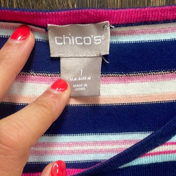Chicos Striped Long Sleeve Sweater Blue White Pink Size 1 Button Cuff Detail - Picture 2 of 7